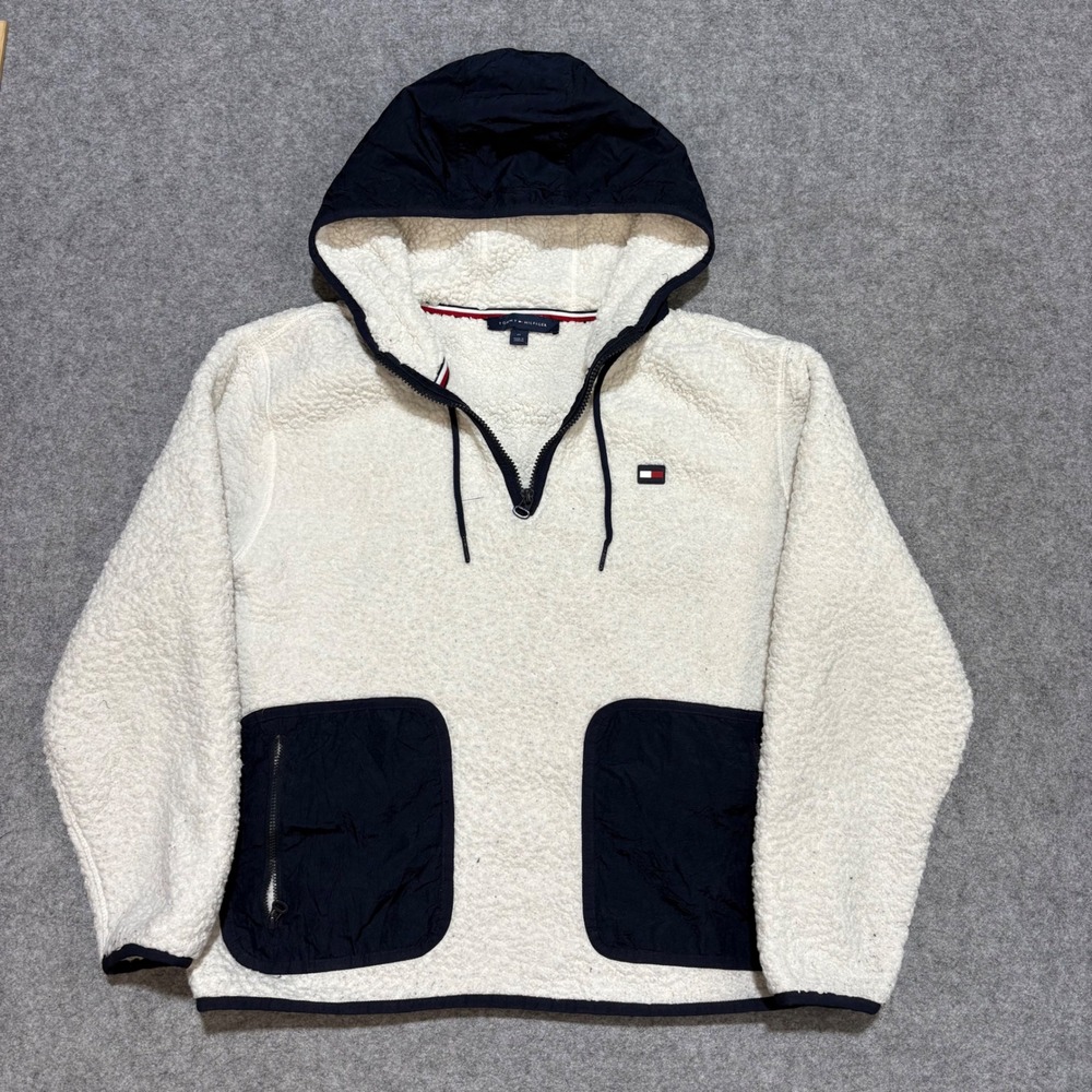 Tommy Hilfiger Mens Sherpa Fleece Quarter Zip Hoodie Cream Navy Blue Medium